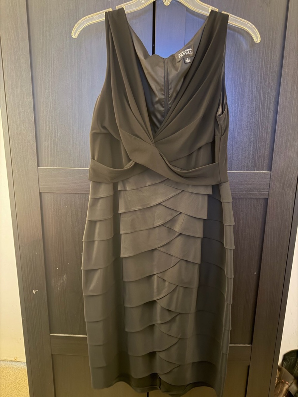Adrianna Papell Black Draped V-Neck Midi Dress